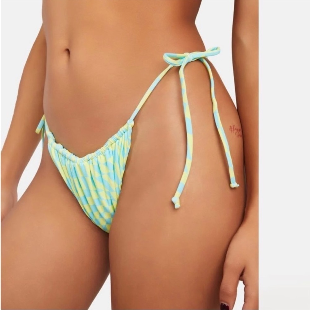 Free People It’s Now Cool Gathered Tie Bikini Bottom in Lime Wave Cheque